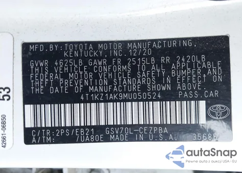 2021 Toyota Camry Trd z USA, uszkodzony, nr VIN 4T1KZ1AK9MU050524